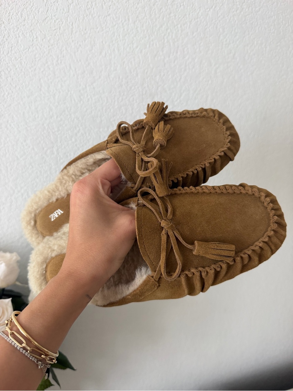 Zara Cognac Suede Tassel Moccasins with Shearling Lining